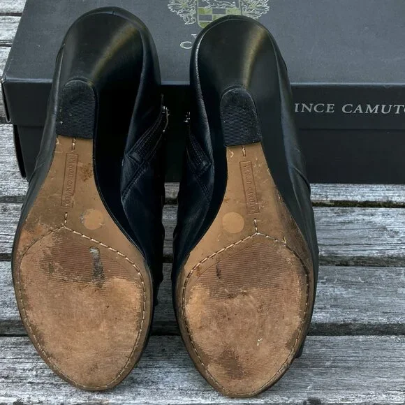 ✨Black Leather Peep-Toe Wedge Ankle Booties - Size 6M - Picture 12 of 14